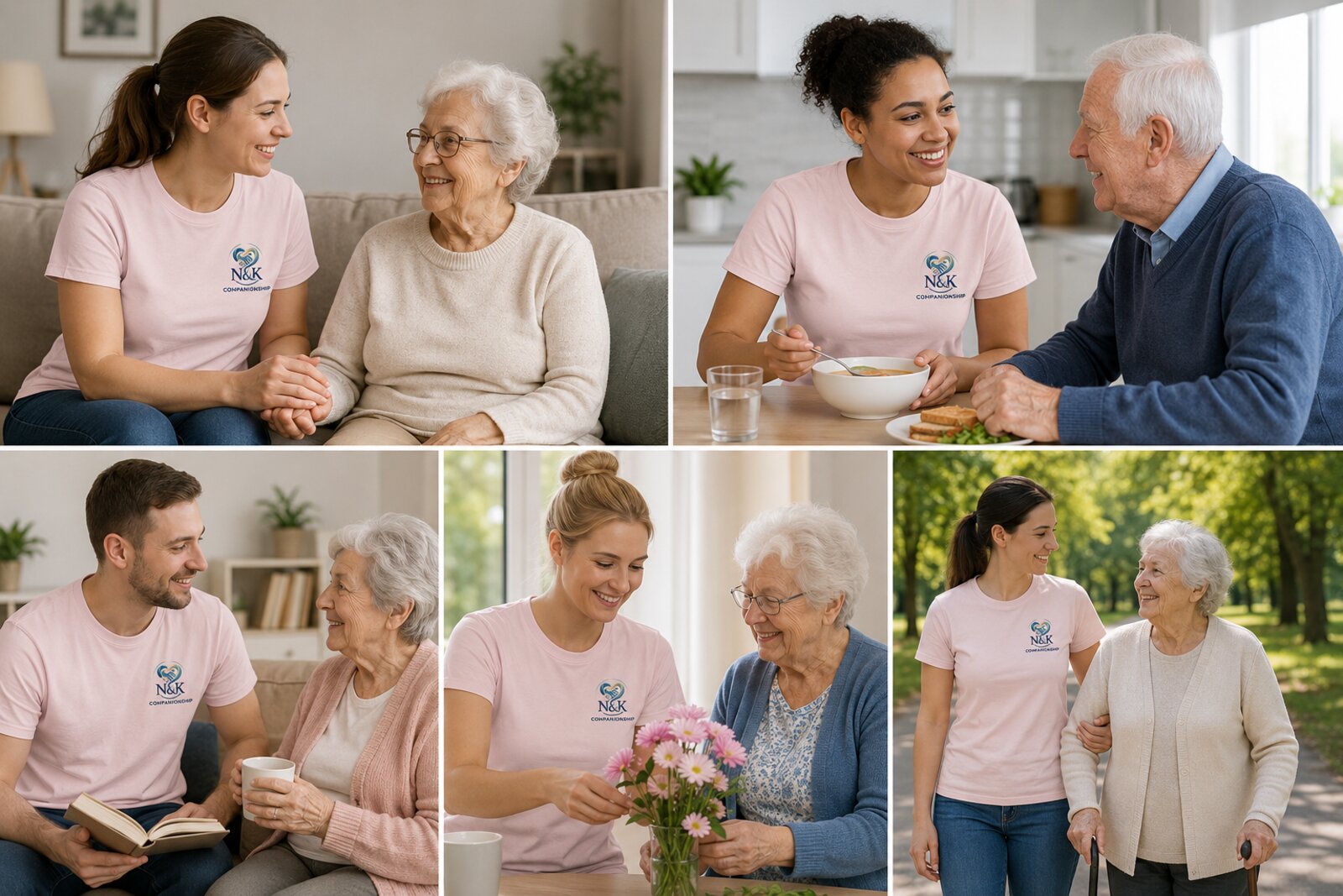 Nadia and Kirsty's companions spending time with elderly clients — conversation, meals, reading and walks