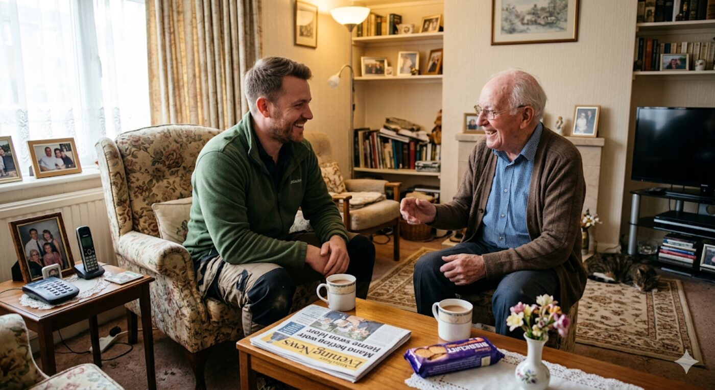 Companion preparing a home-cooked meal with an elderly client