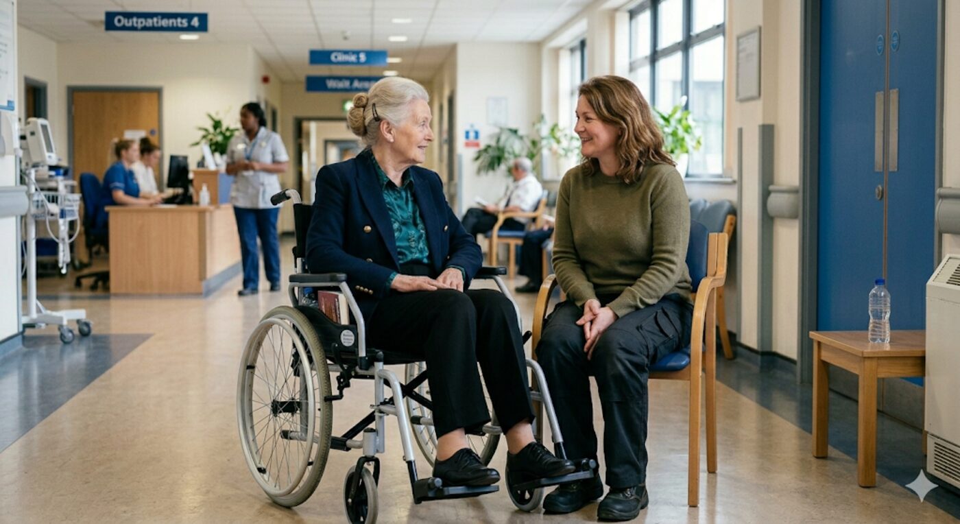 A companion walking arm in arm with an elderly lady through a park